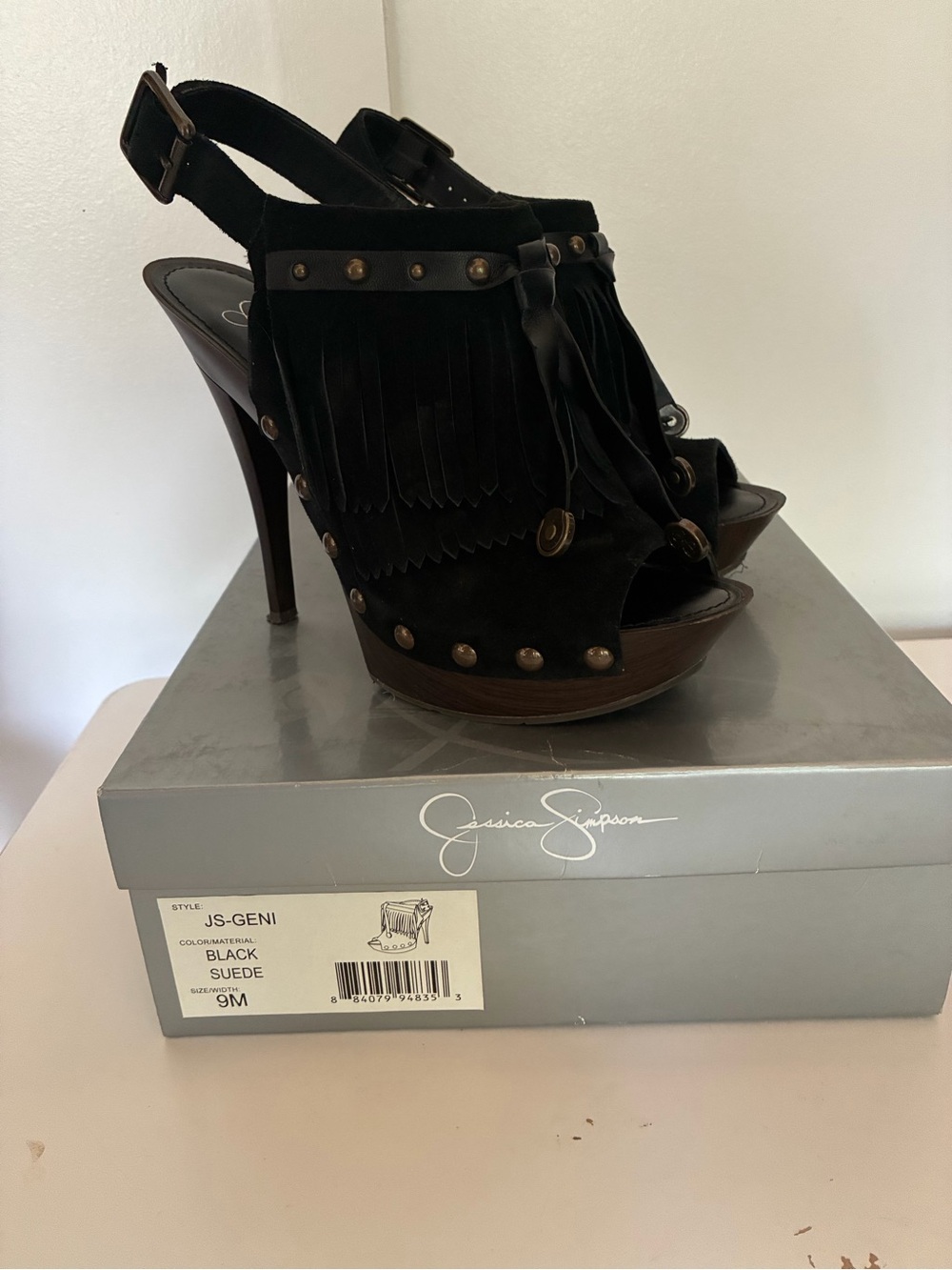 Jessica Simpson Geni Black Suede Fringe Stud Platform Heels